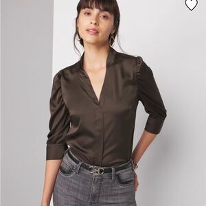 White House Black Market Brown Fitted Blouse with Mandarin Collar